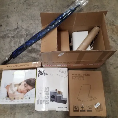 PALLET CONTAINING ASSORTED PRODUCTS INCLUDING HOT WATER DISPENSER, UMBRELLA, WALL METAL SHELVES, HEATED THROW, TOILET SEAT & PET STAIRS 