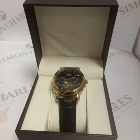 BOXED SAMUEL JOSEPH AUTOMATIC ROSE BLACK WATCH WITH LEATHER STRAP