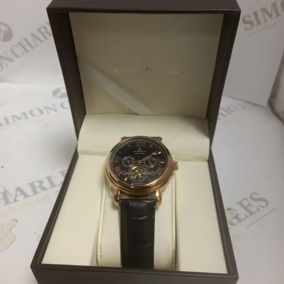 BOXED SAMUEL JOSEPH AUTOMATIC ROSE BLACK WATCH WITH LEATHER STRAP