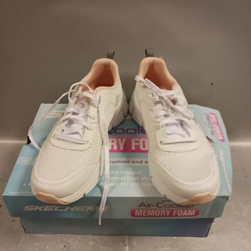 BOXED PAIR OF SKECHERS MEMORY FOAM WHITE TRAINERS - 6