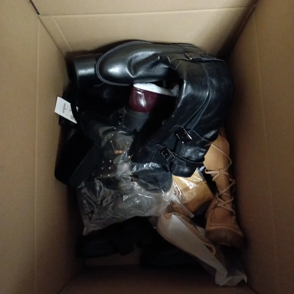 BOX OF APPROXIMATELY 13 PAIRS OF SHOES TO INCLUDE PLATFORM LOAFERS AND SNOW BOOTS