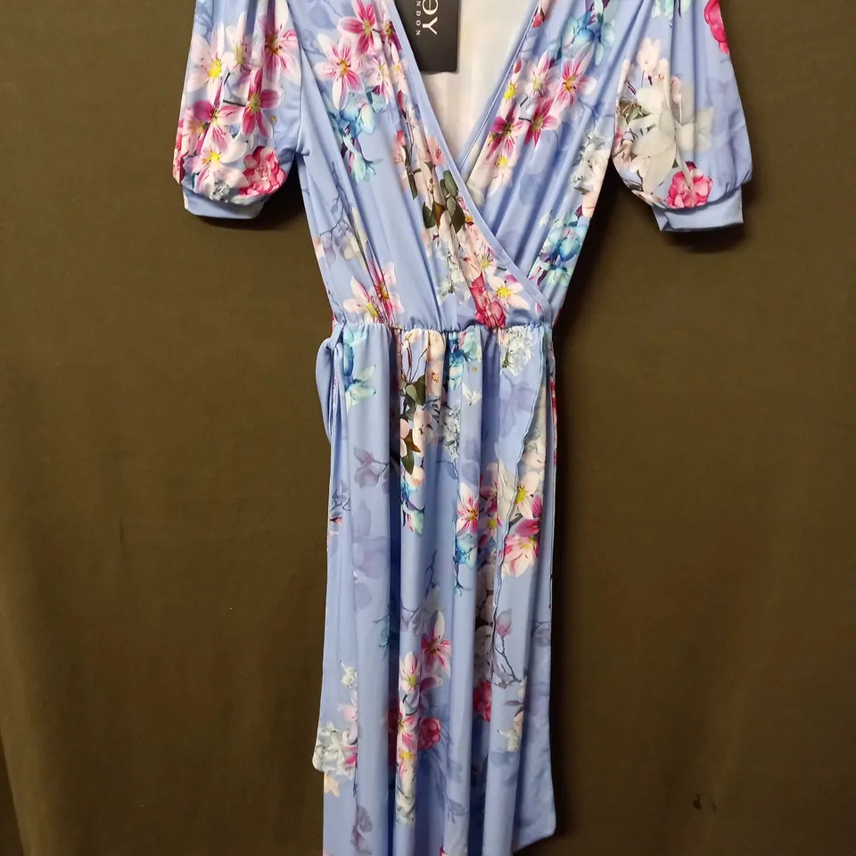 JESSICA JOY SHORT SLEEVE WRAP FLORAL DESIGN DRESS IN PURPLE/BLUE - SIZE 12