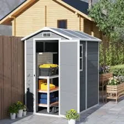 BOXED KETER 4X6FT PLASTIC GARDEN SHED WITH FLOOR - GREY/WHITE (1 BOX)