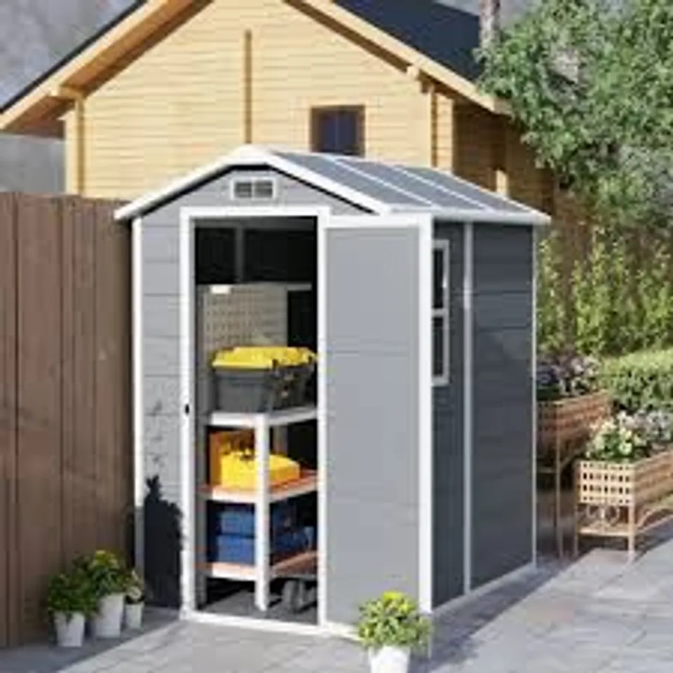 BOXED KETER 4X6FT PLASTIC GARDEN SHED WITH FLOOR - GREY/WHITE (1 BOX)
