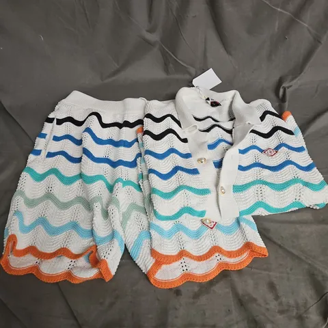 CASA BLANCA GRADIENT WAVE CROCHET SHIRT & SHORTS SET IN ECRU MIX SIZE L