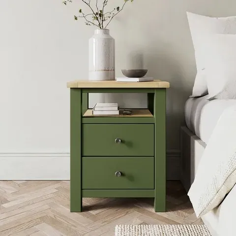 BOXED OLNEY 2 DRAWER BEDSIDE TABLE - OLIVE (1 BOX)