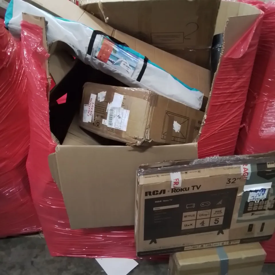 PALLET OF ASSORTED HOUSEHOLD ITEMS AND CONSUMER PRODUCTS TO INCLUDE; 32" RCA ROKU TV, STAINLESS STEEL SINK, TENT ETC.