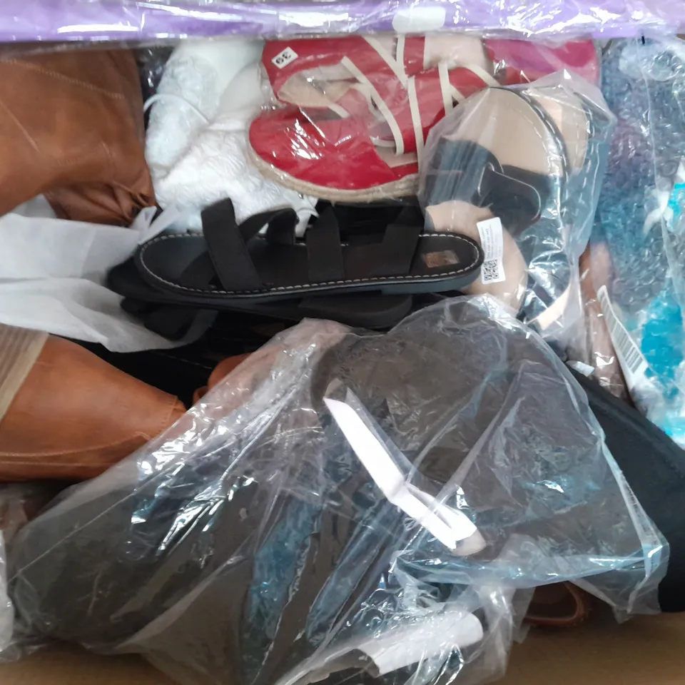 BOX OF APPROXIMATELY 15 ASSORTED PAIRS OF SHOES AND FOOTWEAR ITEMS IN VARIOUS COLOURS, STYLES, AND SIZES - COLLECTION ONLY