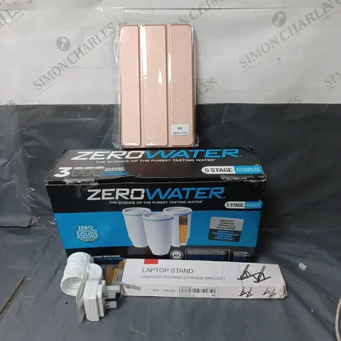 BOX OF APPROXIMATELY 20 ASSORTED HOUSEHOLD ITEMS TO INCLUDE TABLET COVERS, WATER FILTER CARTRIDGES AND PLUG