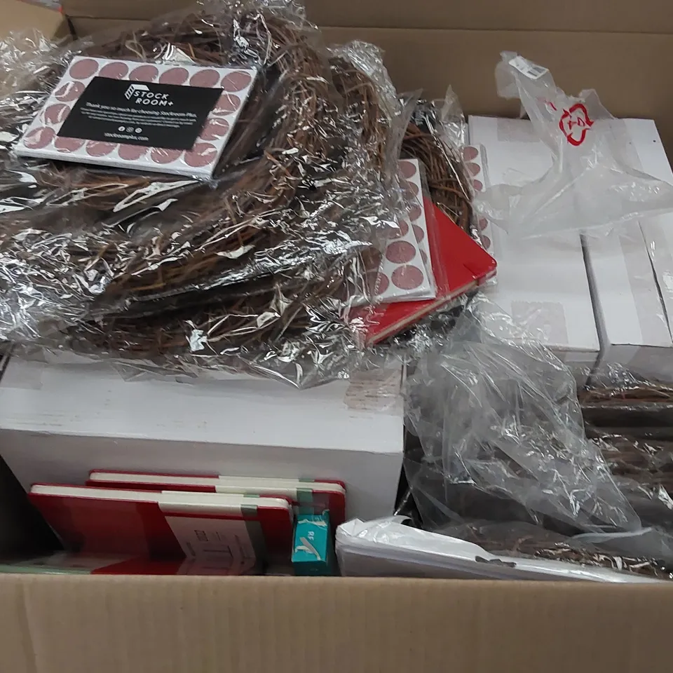 PALLET OF ASSORTED ITEMS INCLUDING: BIKE SEAT, GLASS CANDLE HOLDERS, SLR CAMERA, TOY TRUCK, STICKY DOTS, 2022 DIARY, NOTEPAD, WREATH 