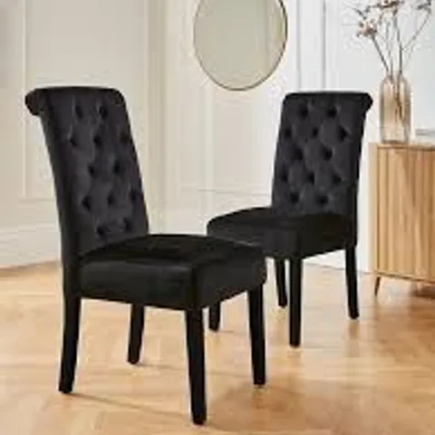 BOXED PAIR OF VELVET SCROLL BACK DINING CHAIRS IN BLACK - COLLECTION ONLY