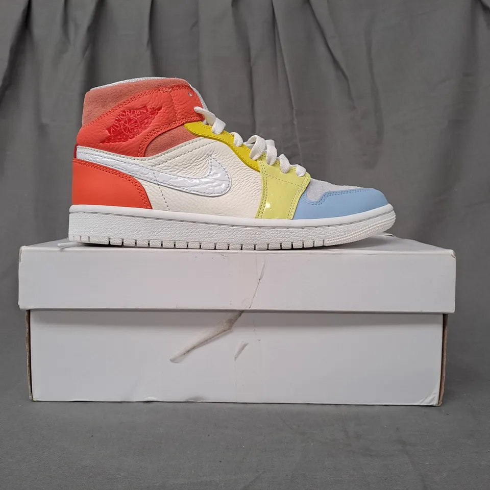 BOXED PAIR OF NIKE AIR JORDAN 1 MID SHOES IN SAIL/WHITE/MULTICOLOUR UK SIZE 4.5