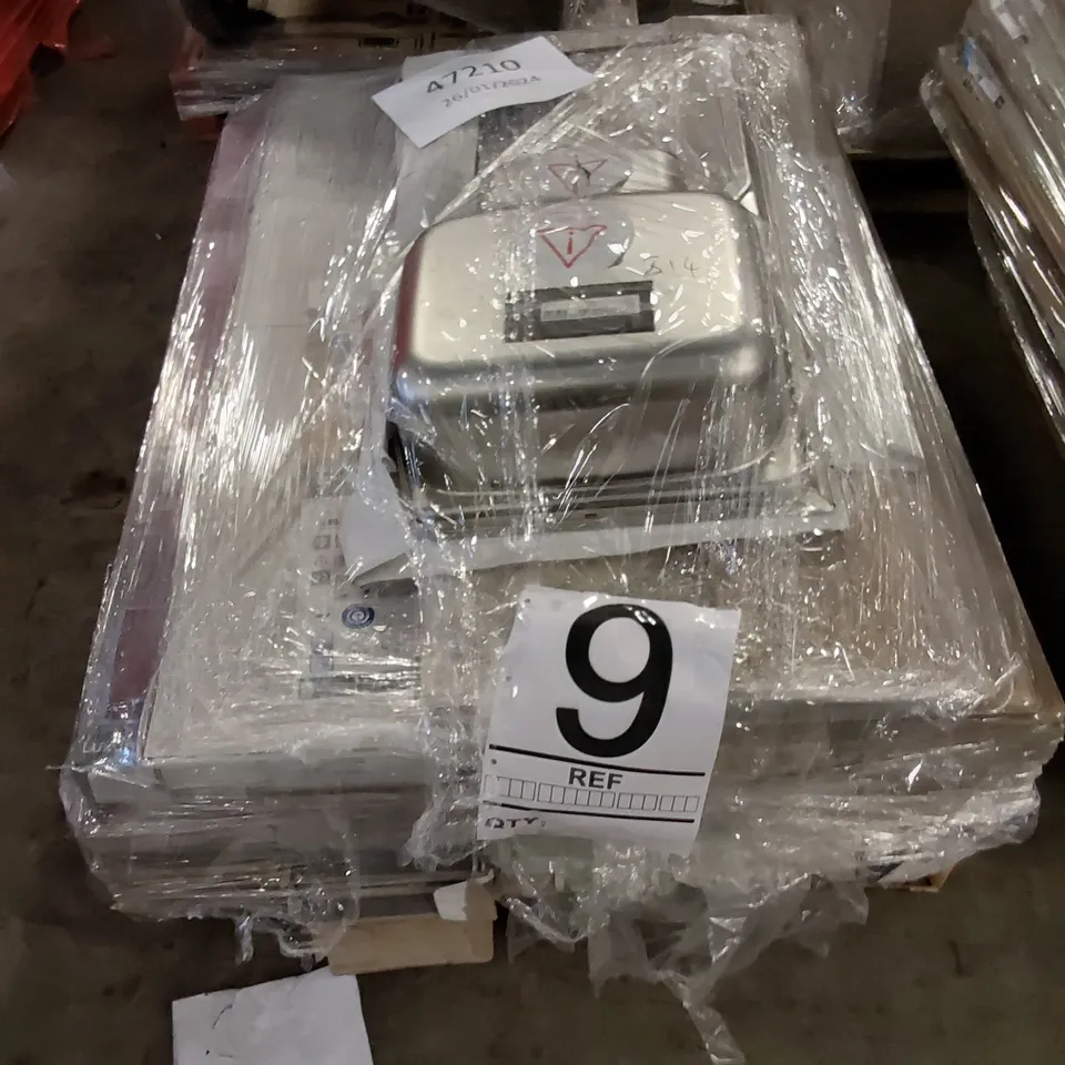 PALLET TO CONTAIN ASSORTED HOUSEHOLD ITEMS. INCLUDES A KITCHEN SINK, MANY PACKS OF LAMINATE FLOORING.