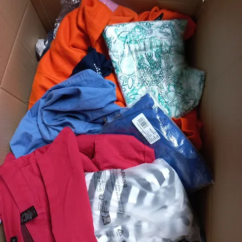 LARGE BOX OF APPROXIMATELY 20 ASSORTED CLOTHING ITEMS IN VARIOUS SIZES, STYLES AND COLOURS