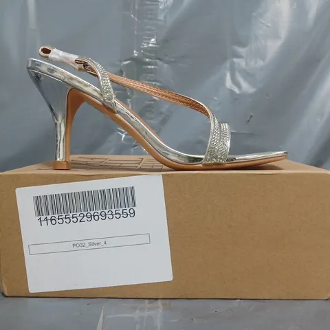 BOXED PAIR OF WHERE'S THAT FROM OPEN TOE HEELED SANDALS IN METALLIC SILVER W. DIAMANTE EFFECT SIZE UK 4
