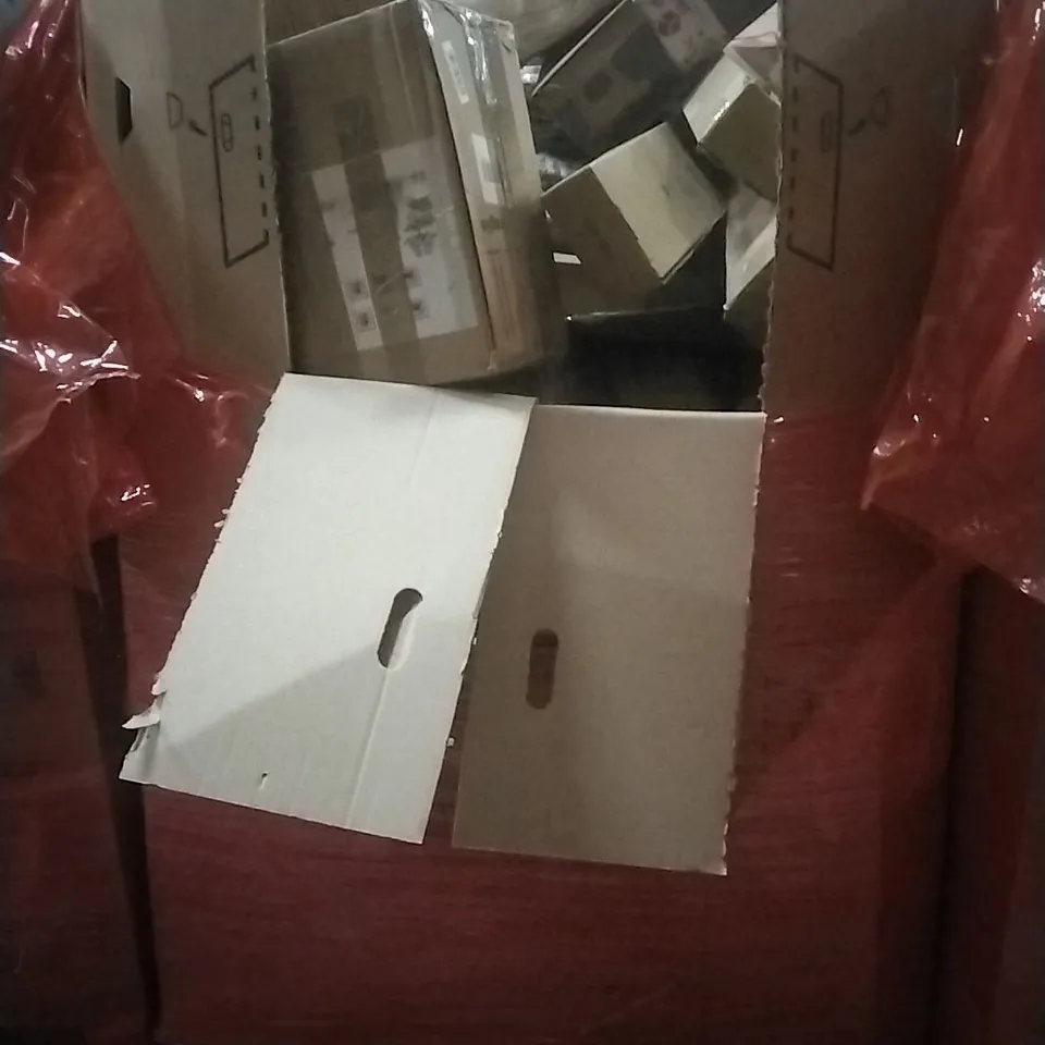 PALLET OF HOUSEHOLD ITEMS TO INCLUDE WALL ART,BREAD MAKER,LAUNDRY BASKET, BADMINTON RACKET, CURTAIN ROD AND OTHER ASSORTED ITEMS...