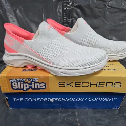 BOXED PAIR OF SKECHERS GO WALK SLIP-INS TRAINERS - WHITE/PINK - SIZE 7