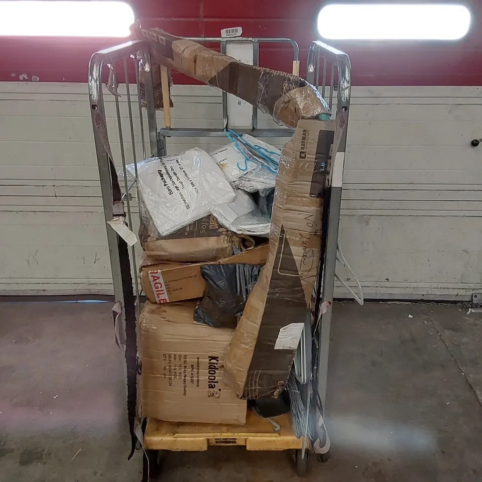 CAGE OF ASSORTED CONSUMER PRODUCTS INCLUDING: GYMNASTICS BAR, FIRE PIT, PET PADDLING POOLS ECT // CAGE NOT INCLUDED 