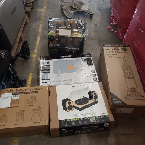 PALLET OF ASSORTED ITEMS INCLUDING: EUREKA UPRIGHT CLEANER, MARLEY TURNTABLE WITH SPEAKERS, SMART GLASS PANEL HEATER, AIR FRYER, 5 IN 1 BABY HIGH CHAIR ECT