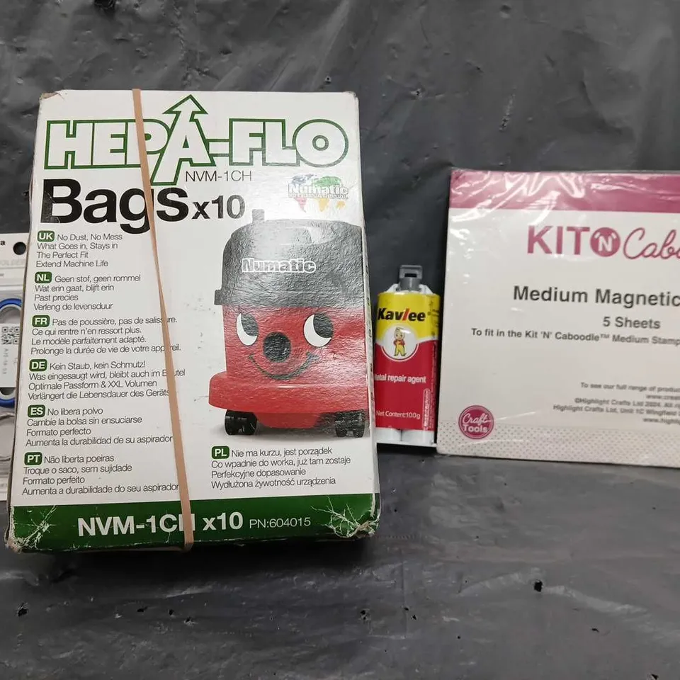 BOX OF APPROXIMATELY 12 ASSORTED ITEMS TO INCLUDE - HEPA FLO BAGS X10 , KAVLEE METAL REPAIR KIT , MEDIUM MAGNETIC SHEETS ETC