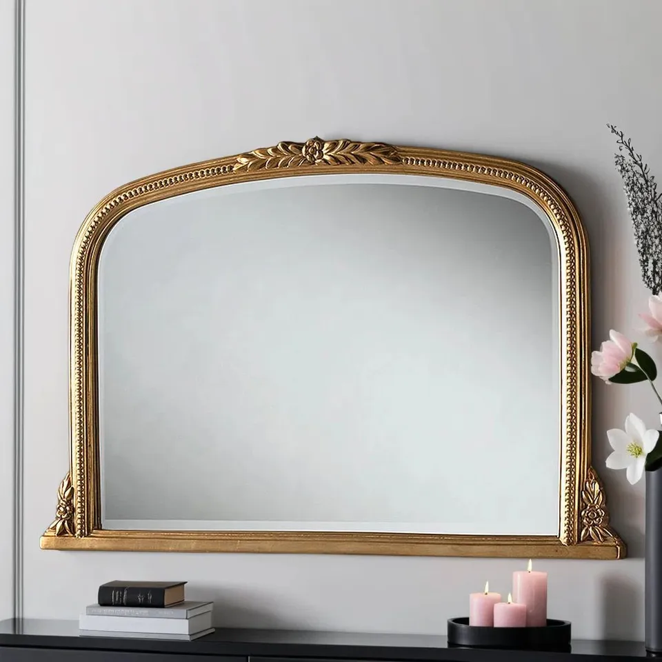 BOXED ARCHED BEADED KALMAR OVERMANTLE MIRROR - GOLD (1 BOX)