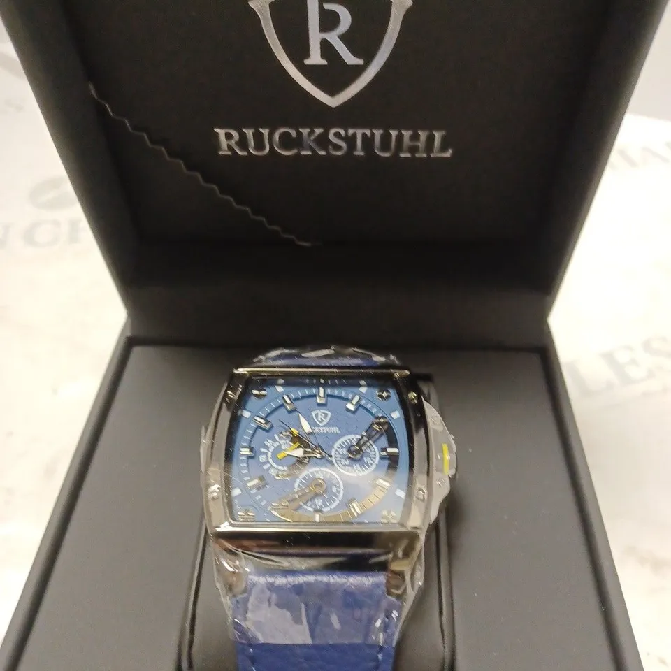 MEN’S RUCKSTUHL R300 CHRONOGRAPH WATCH – BLUE MULTI FUNCTION DIAL – BLACK CASE -3ATM WATER RESISTANT – GENUINE LEATHER STRAP