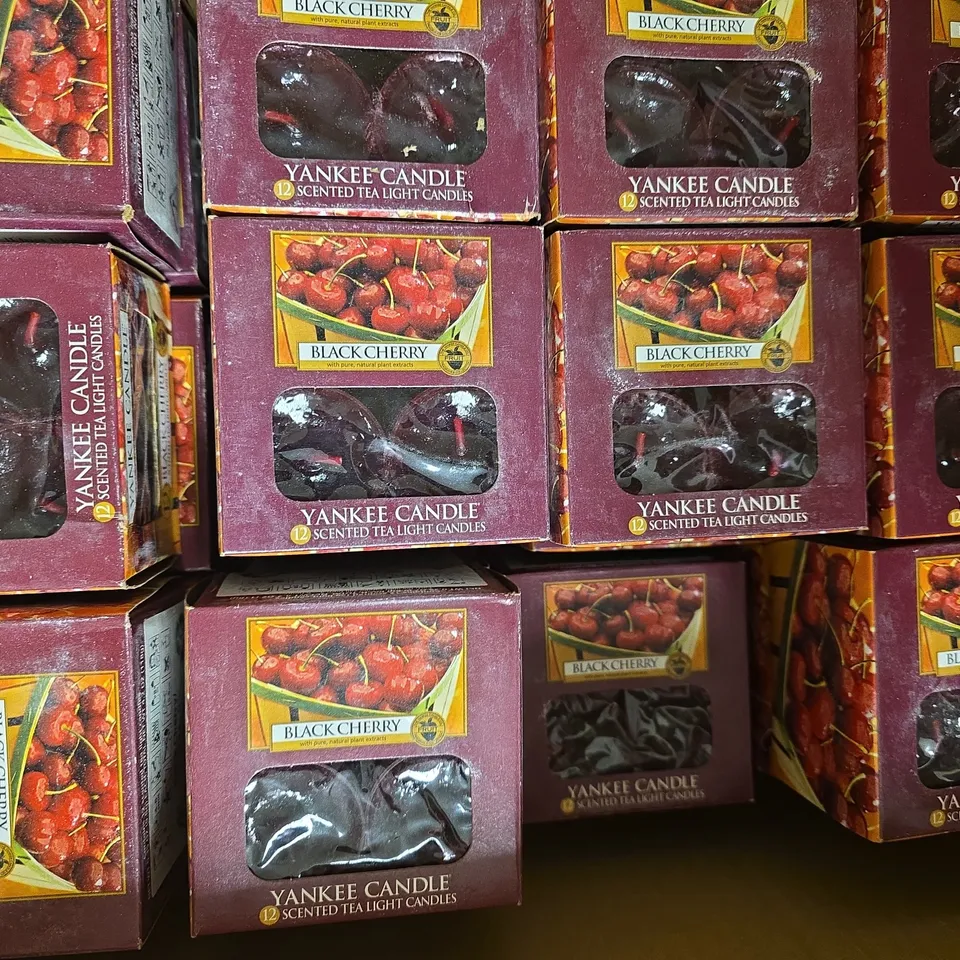 APPROXIMATELY 30 PACKS OF YANKEE CANDLE BLACK CHERRY SCENTED TEA LIGHTS (12 TEA LIGHTS PER PACK)