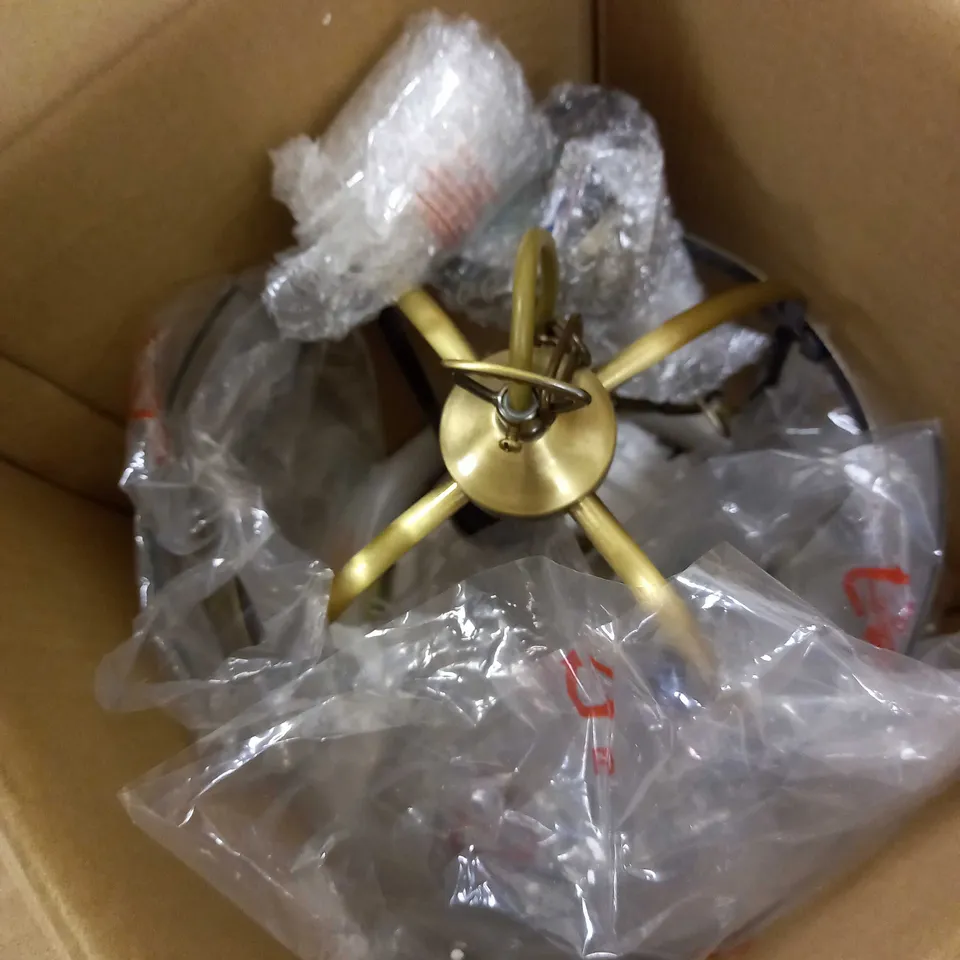 LOT OF 2 LAMPS: ONE TABLE LAMP (GLASS, WHITE SHADE), ONE CEILING LAMP (GLASS, ANTIQUATED BRASS FINISH)