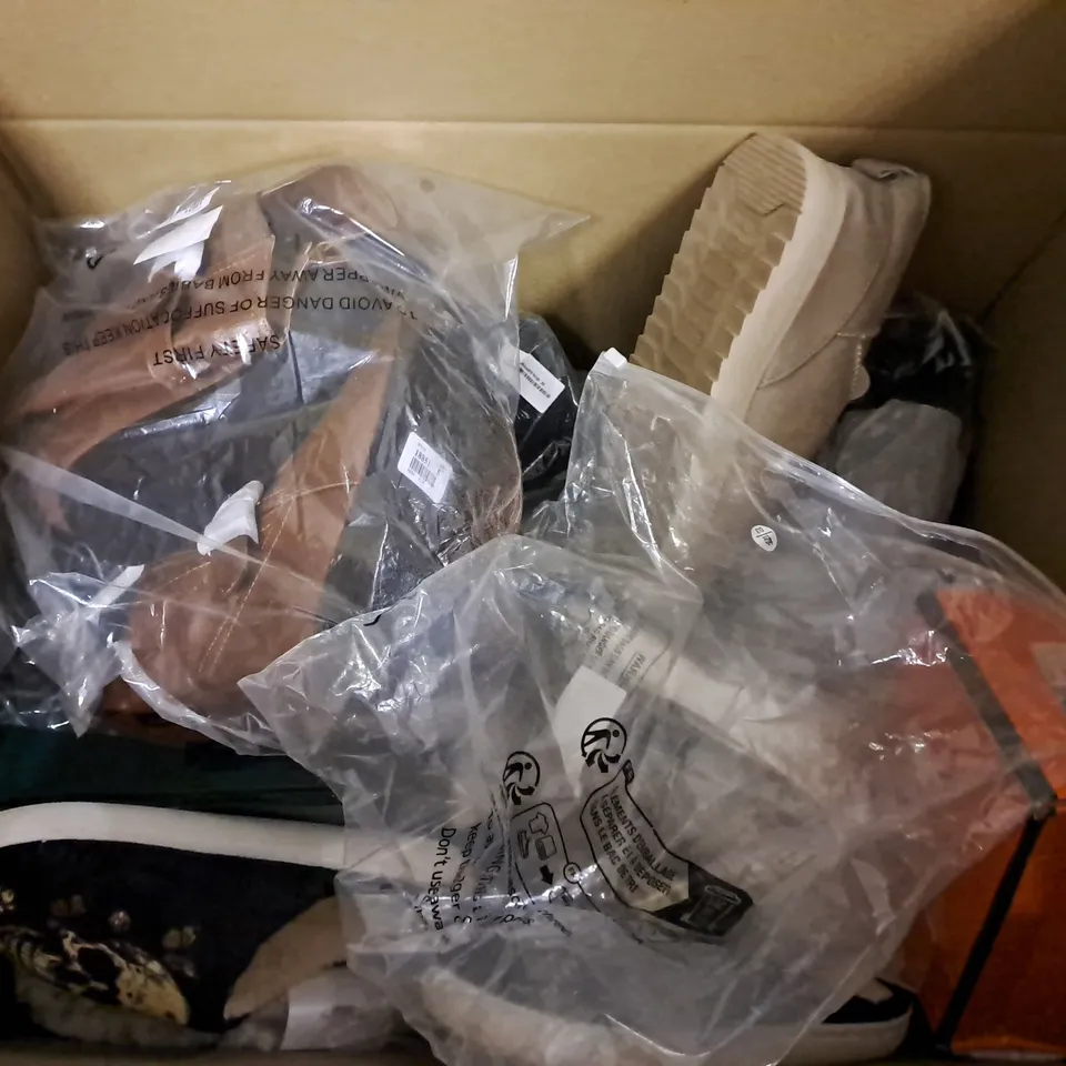 BOX OF APPROXIMATELY 8 PAIRS OF ASSORTED SHOES IN VARIOUS COLOUR, STYLES AND SIZES