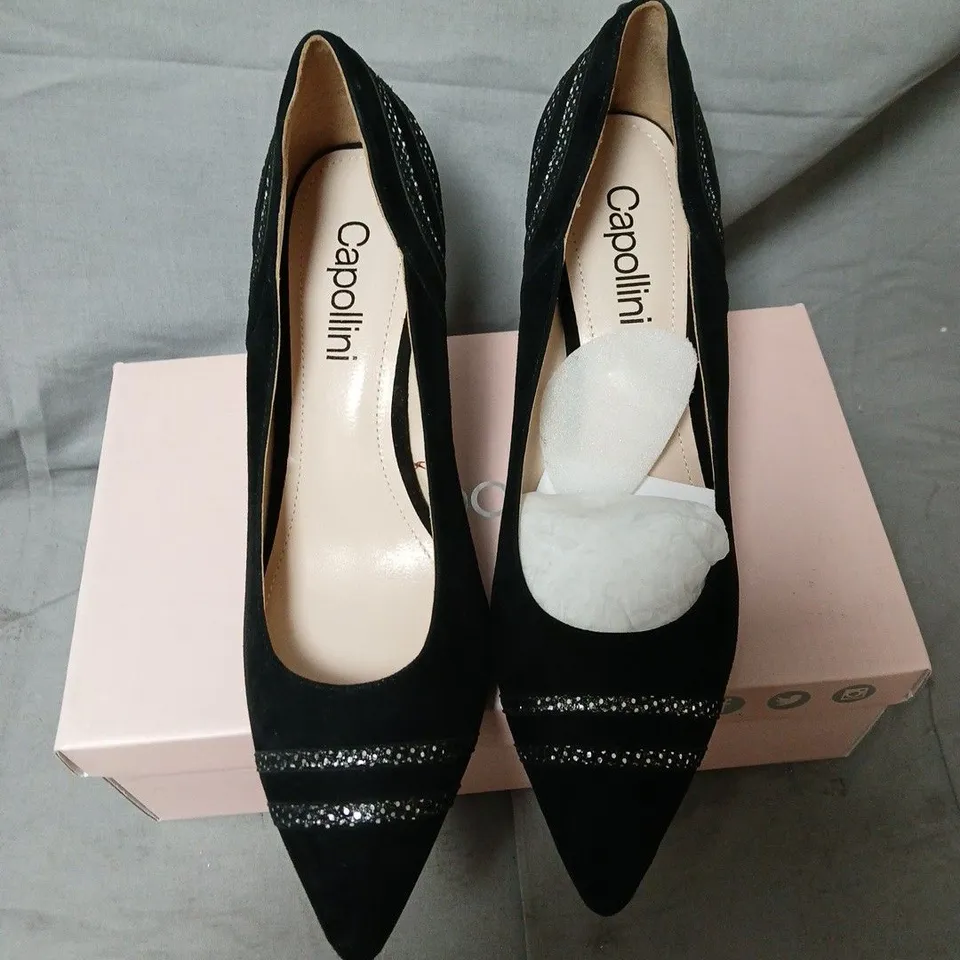 CAPOLLINI BLACK SUEDE HIGH HEELS – UK 8.5 (EU 41) – POINTED TOE WITH RHINESTONE TRIM