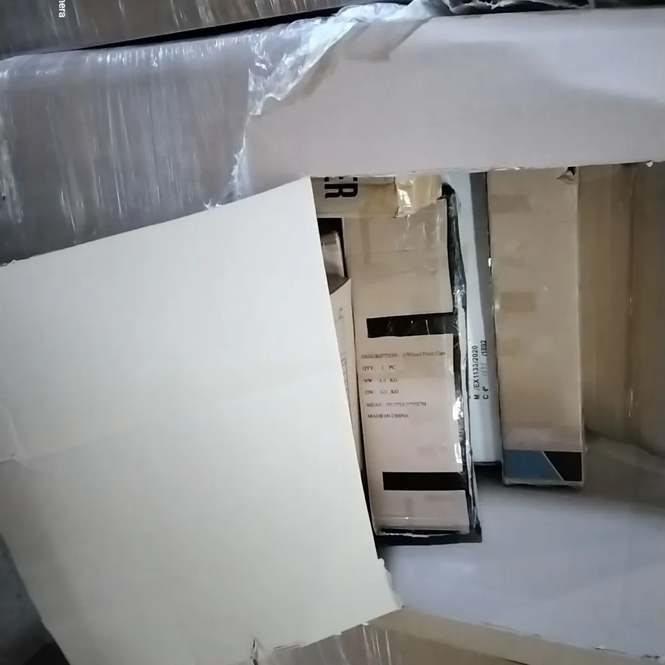 PALLET OF ASSORTED HOUSEHOLD ITEMS TO INCLUDE CURVED 27" MONITOR, WEIGHT BENCH AND AIR COOLER