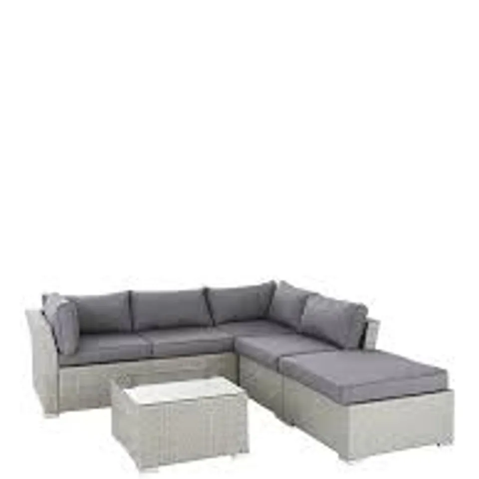 BOXED ATHENS ANTIQUE WHITE CORNER PATIO SET WITH TABLE & CHAISE (INCOMPLETE - 1 OF 2 BOXES. TABLE AND FOOTSTOOL ONLY)
