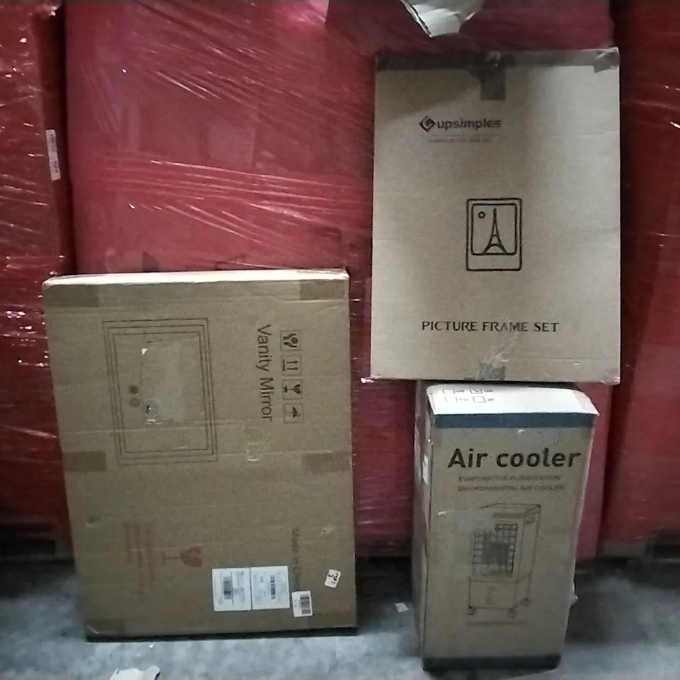PALLET OF ASSORTED PRODUCTS AND HOUSEHOLD GOODS TO INCLUDE; VANITY MIRROR,AIR COOLER,PICTURE FRAME SET
