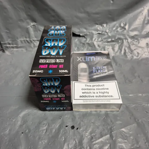 APPROXIMATELY 12 ASSORTED E-CIGARETTE PRODUCTS TO INCLUDE SAD BOY E-LIQUID & XLIM PRO POD