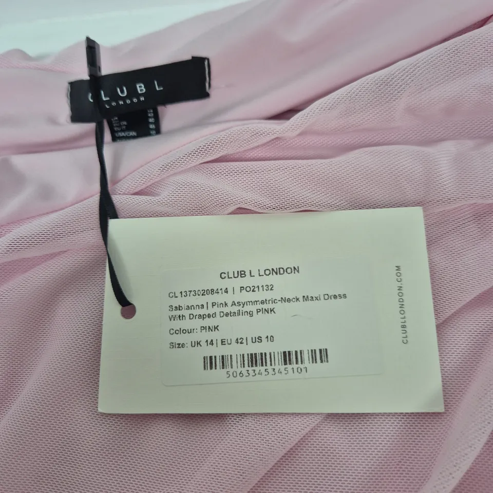 CLUB L LONDON PINK ASYMMETRIC-NECK MAXI DRESS WITH DRAPED DETAILING, UK 14