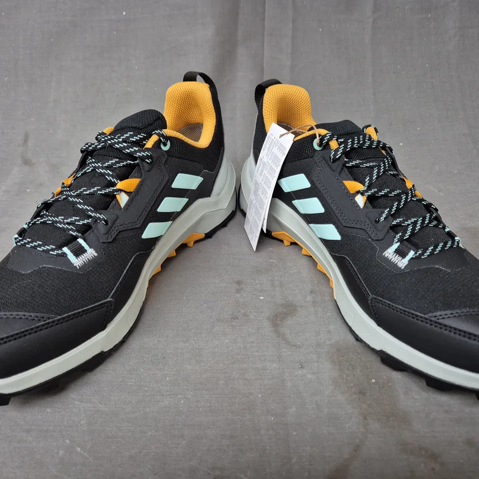 BOXED PAIR OF ADIDAS TERREX AX4 GTX SHOES IN BLACK/GREY/YELLOW/PASTEL BLUE UK SIZE 8