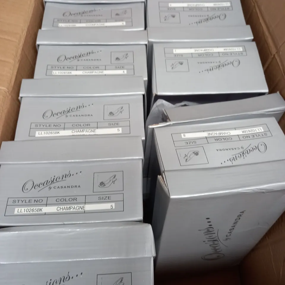 BOX OF 10 PAIRS OF CHAMPAGNE HIGH HEELED SHOES 