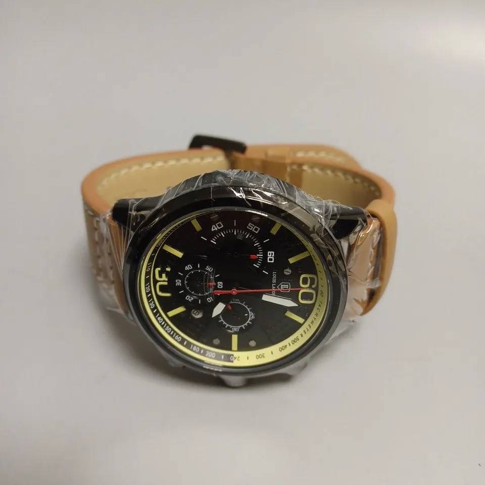 MENS LOUIS LACOMBE CHRONGRAPH WATCH – 3 SUB DIALS – BLACK CASE – LEATHER STRAP