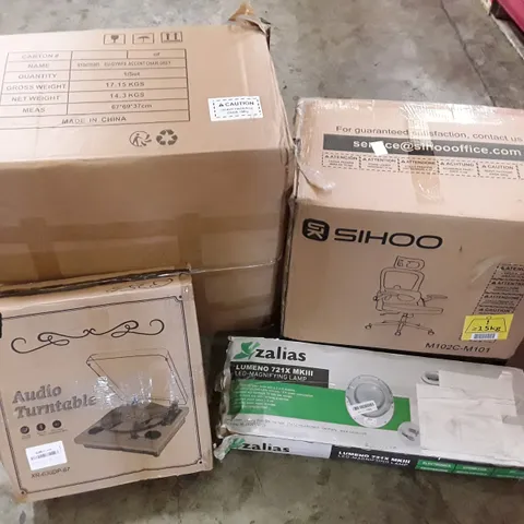 PALLET OF ASSORTED PRODUCTS INCLUDING OFFICE CHAIR, AUDIO TURNTABLE, LED-MGNIFYING LAMP, GREY ACCENT CHAIR