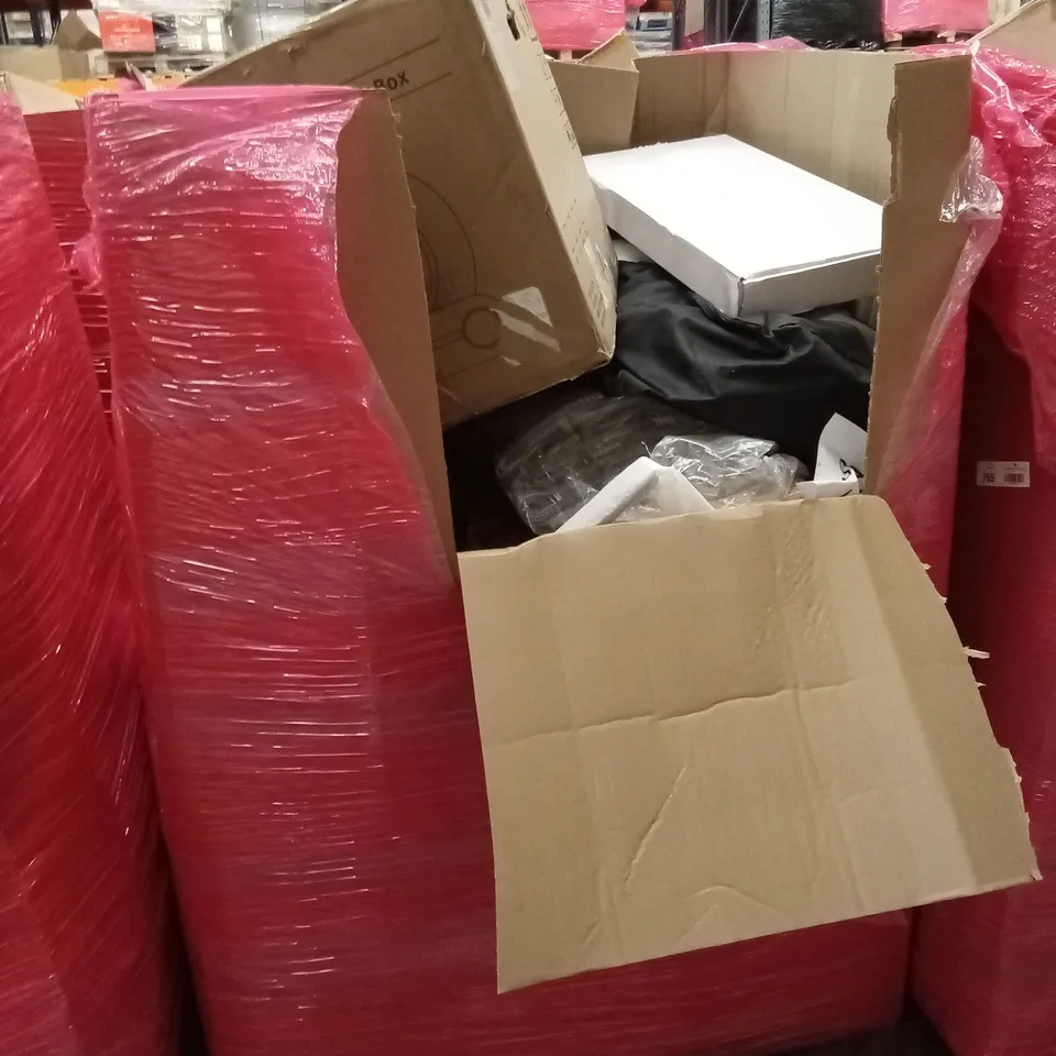 PALLET OF ASSORTED HOUSEHOLD GOODS AND PRODUCTS TO INCLUDE; RUGS, AUTOMATIC CAT LITTER BOX, BOXED FURNITURE ETC 