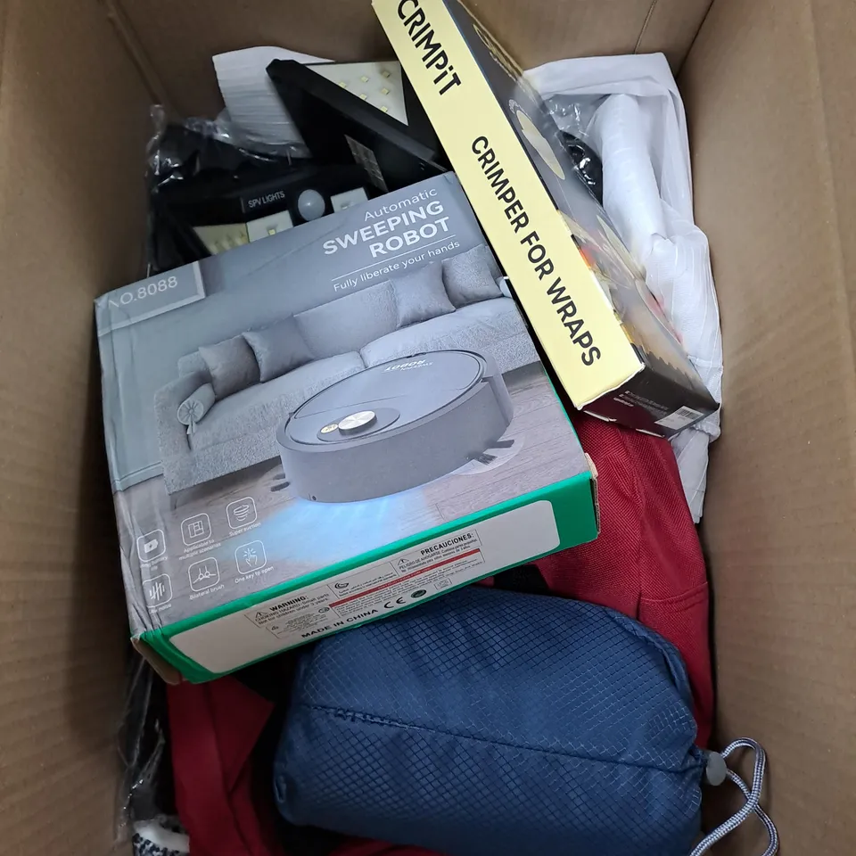 BOX OF APPROXIMATELY 10 ASSORTED ITEMS TO INCLUDE CRIMPIT, SWEEPING ROBOT, CANTERBURY TRAVEL BAG ETC