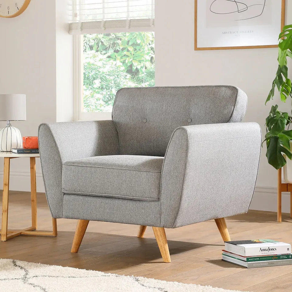 BOXED DESIGNER HARLOW LIGHT GREY FABRIC ARMCHAIR