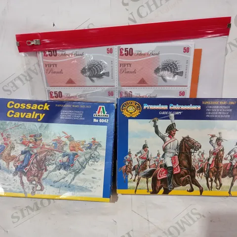 BOX OF APPROXIMATELY 10 ASSORTED TOYS AND GAMES TO INCLUDE ITALERI 6007 PRUSSIAN CUIRASSIERS, ITALERI 6042 COSSACK CAVALRY, ETC