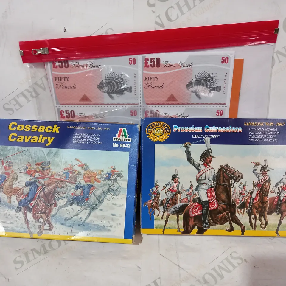 BOX OF APPROXIMATELY 10 ASSORTED TOYS AND GAMES TO INCLUDE ITALERI 6007 PRUSSIAN CUIRASSIERS, ITALERI 6042 COSSACK CAVALRY, ETC
