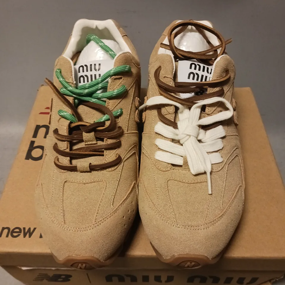 BOXED PAIR OF NEW BALANCE X MIU MIU 530 SL SUEDE TRAINERS, TAN - UK SIZE 7