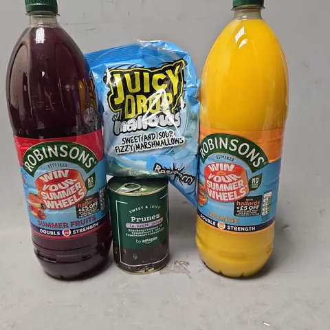 APPROXIMATELY 4 ASSORTED FOOD & DRINK ITEMS TO INCLUDE - ROBINSONS SUMMER FRUITS , ROBINSONS ORANGE , JUICY DROPS MALLOWS , AMAZON PRUNES