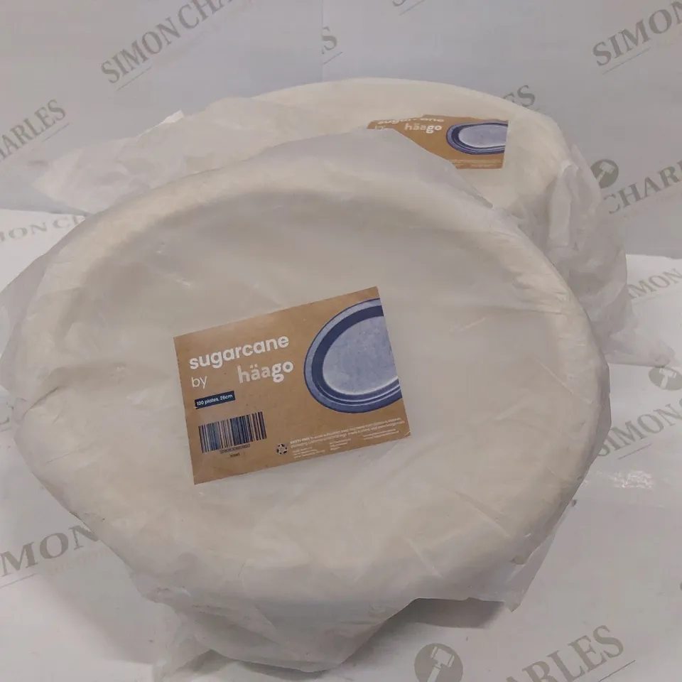 2 BRAND NEW PACKS OF 100 SUGARCANE BY HÄAGO 26CM PLATES