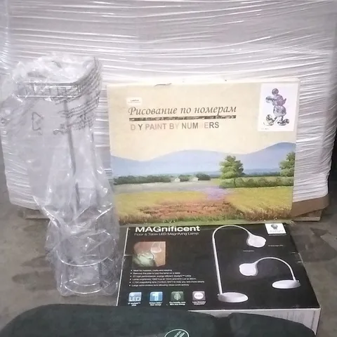 PALLET OF ASSORTED BOXED ITEMS INCLUDING METAL ORGANISER, GAZEBO, FLOOR/TABLE MAGNIFYING LAMP AND CHILDRENS PAINTBYNUMBERS
