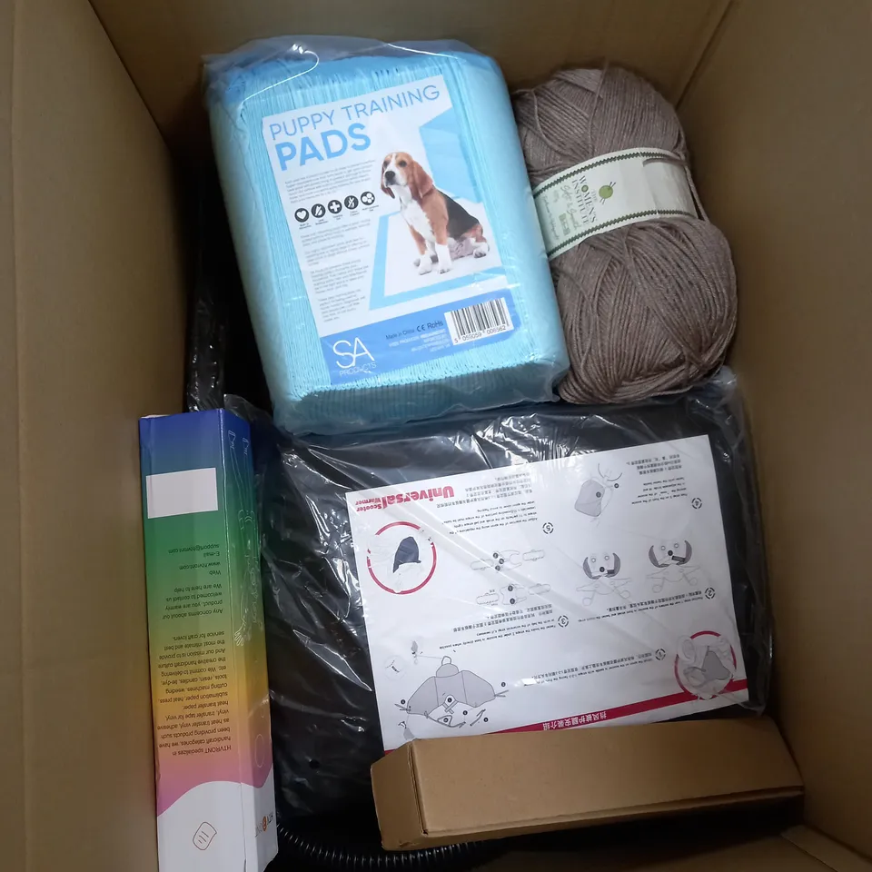 BOX OF APPROXIMATELY 10 ASSORTED ITEMS TO INCLUDE YARN, PUPPY PADS, PAINT ROLLER SET ETC