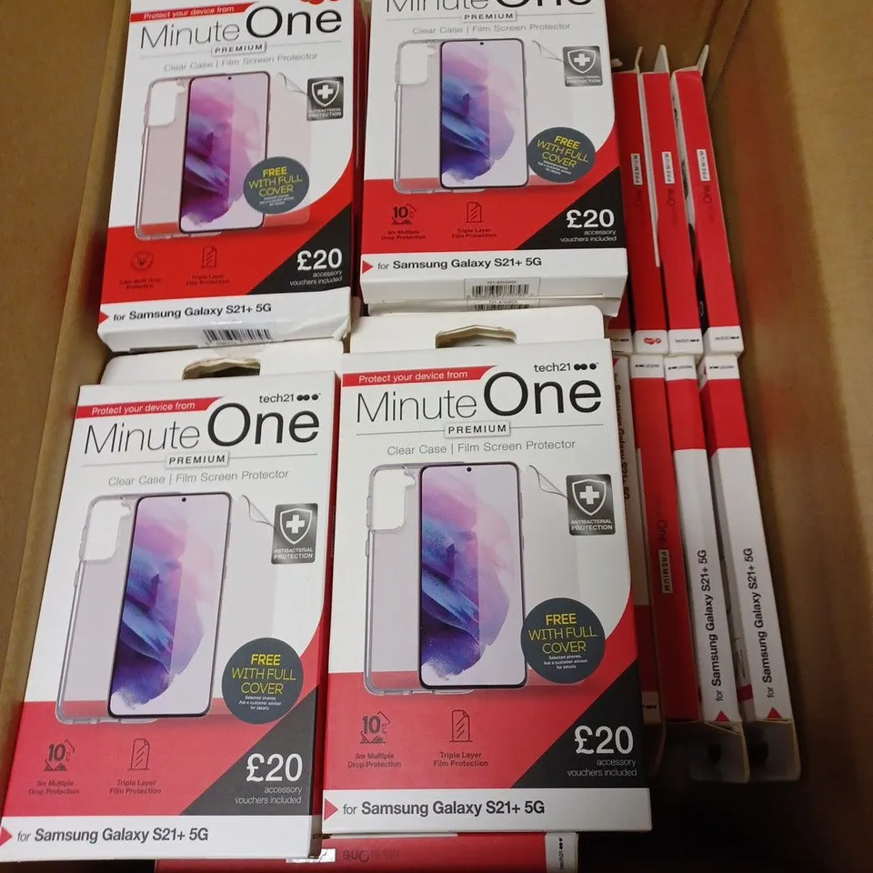 LOT OF APPROX. 96 BRAND NEW TECH21 MINUTE ONE PREMIUM CLEAR CASE FILM SCREEN PROTECTOR WITH 3M MULTIPLE DROP PROTECTION AND TRIPLE LAYER FILM PROTECTION FOR SAMSUNG GALAXY S21+ 5G